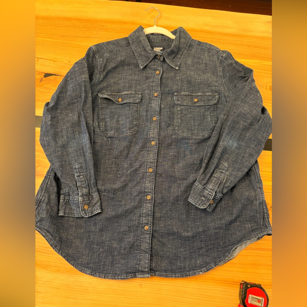 Lands' End Women’s 1X Classic Blue Button Front Denim Shirt with Stretch